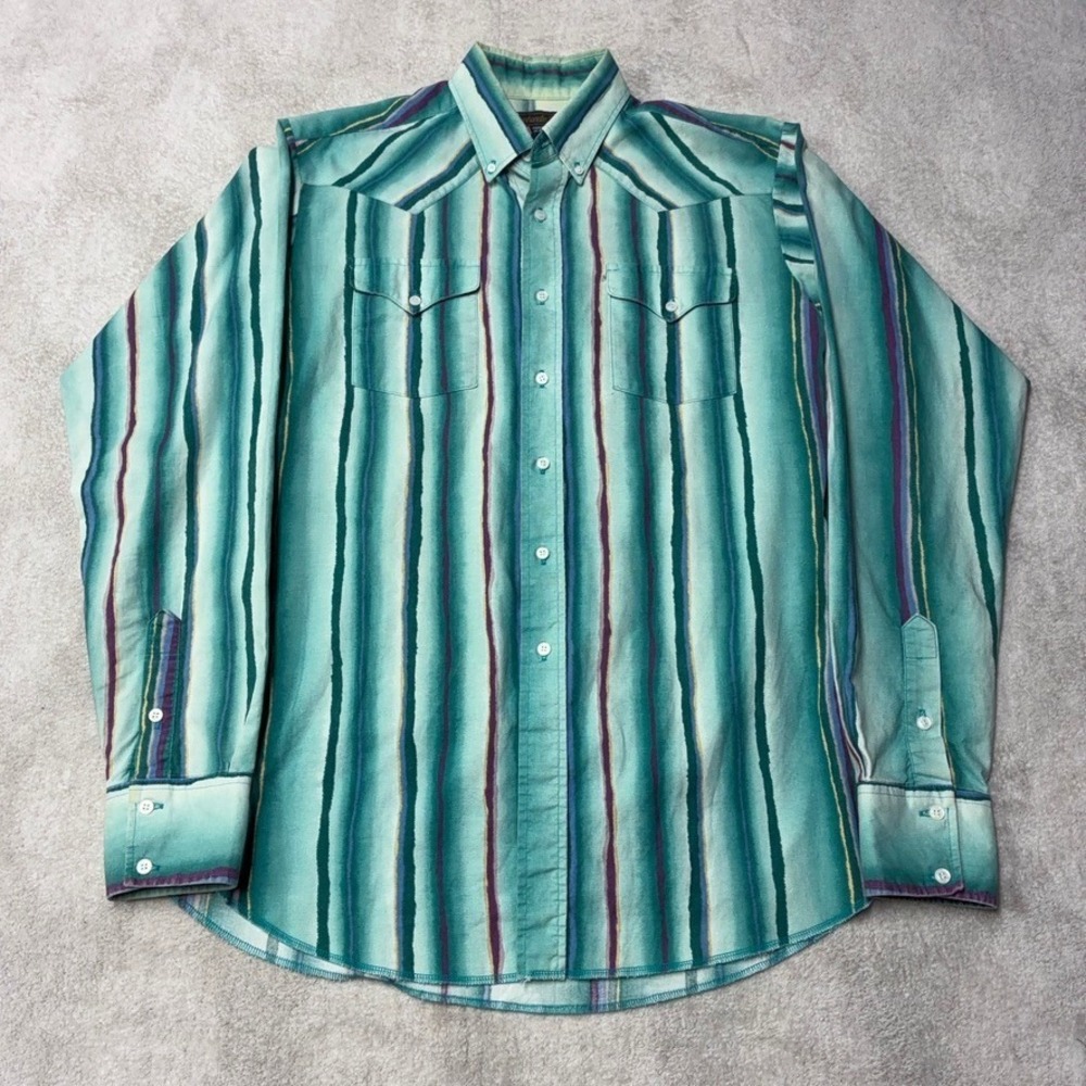 Vintage 90s Panhandle Slim Button Up Shirt Striped Teal Made in USA Mens L 16.5